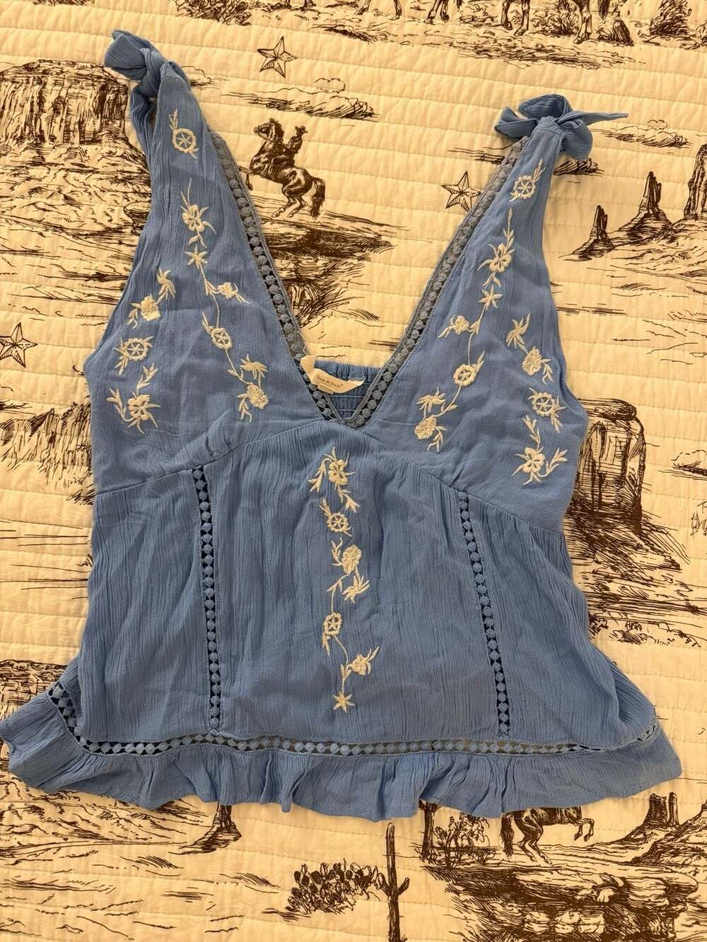 Sim & Sam Embroidered Babydoll Top Size L Blue Rayon Sleeveless